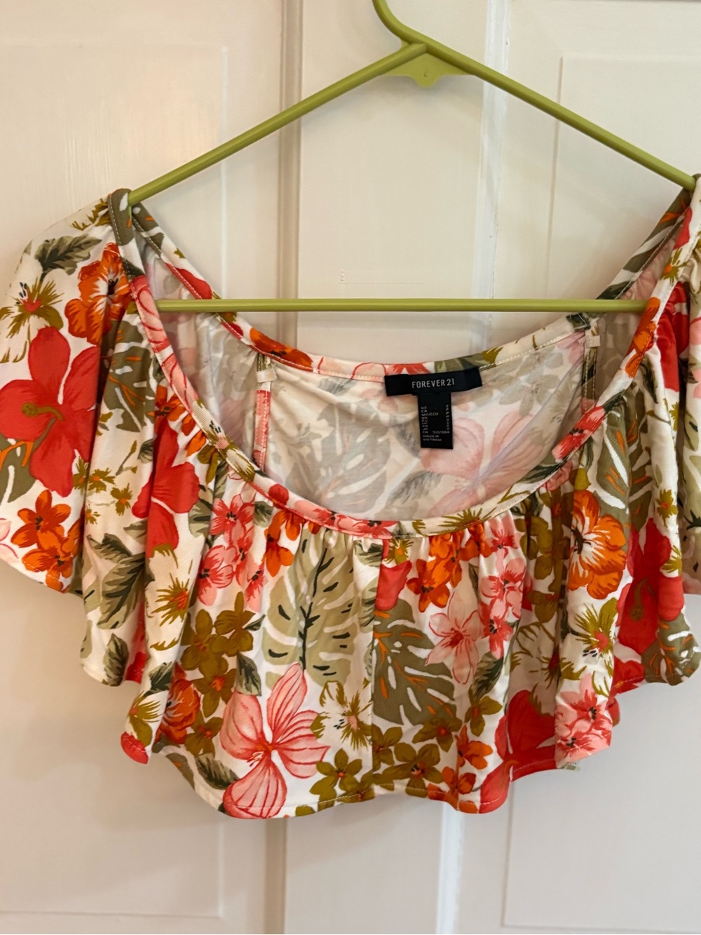 Forever 21 Tropical Floral Off-Shoulder Crop Top - Coral, Olive & Cream